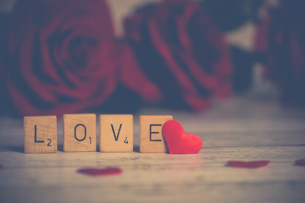 palavra love escrita com 4 peças de madeiras pequenas, e um coração de veludo apoiado na letra E. Ao fundo, rosas sobre a mesa